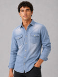 Men’s Denim Shirt Long Sleeve Slim Fit Washed Cotton Button-Up Casual Western Work Shirt