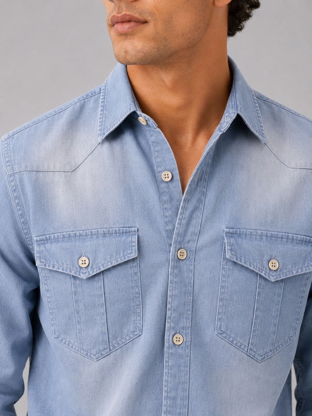 Men’s Denim Shirt Long Sleeve Slim Fit Washed Cotton Button-Up Casual Western Work Shirt