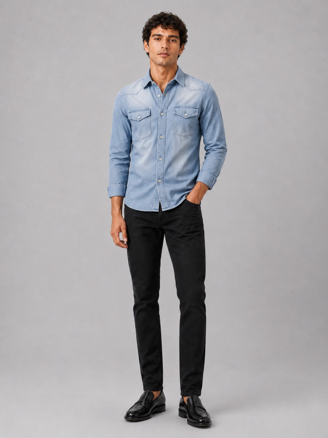 Men’s Denim Shirt Long Sleeve Slim Fit Washed Cotton Button-Up Casual Western Work Shirt