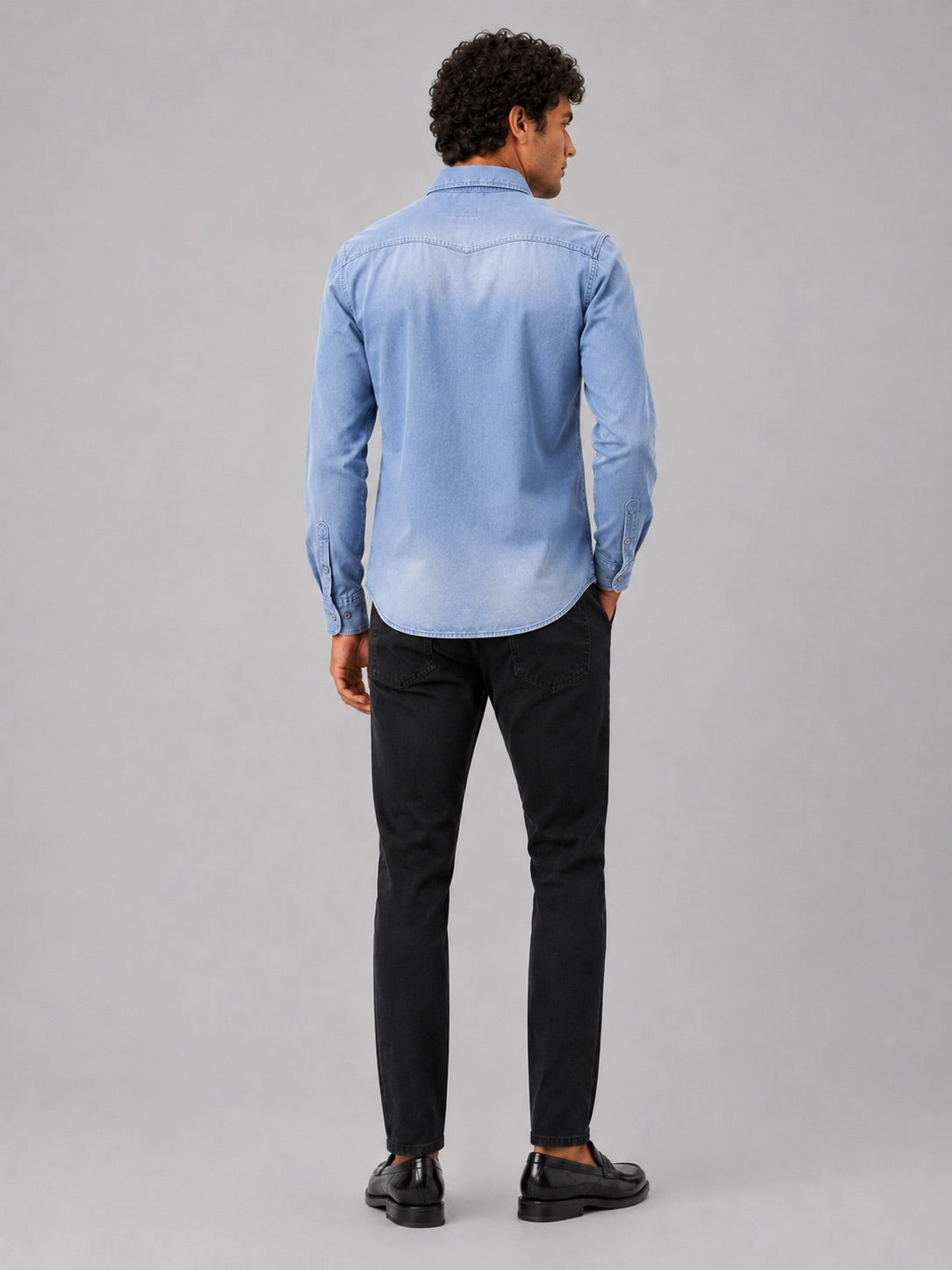 Men’s Denim Shirt Long Sleeve Slim Fit Washed Cotton Button-Up Casual Western Work Shirt