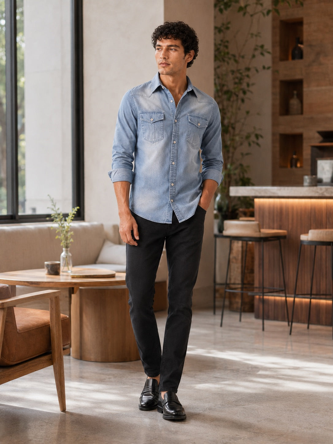 Men’s Denim Shirt Long Sleeve Slim Fit Washed Cotton Button-Up Casual Western Work Shirt