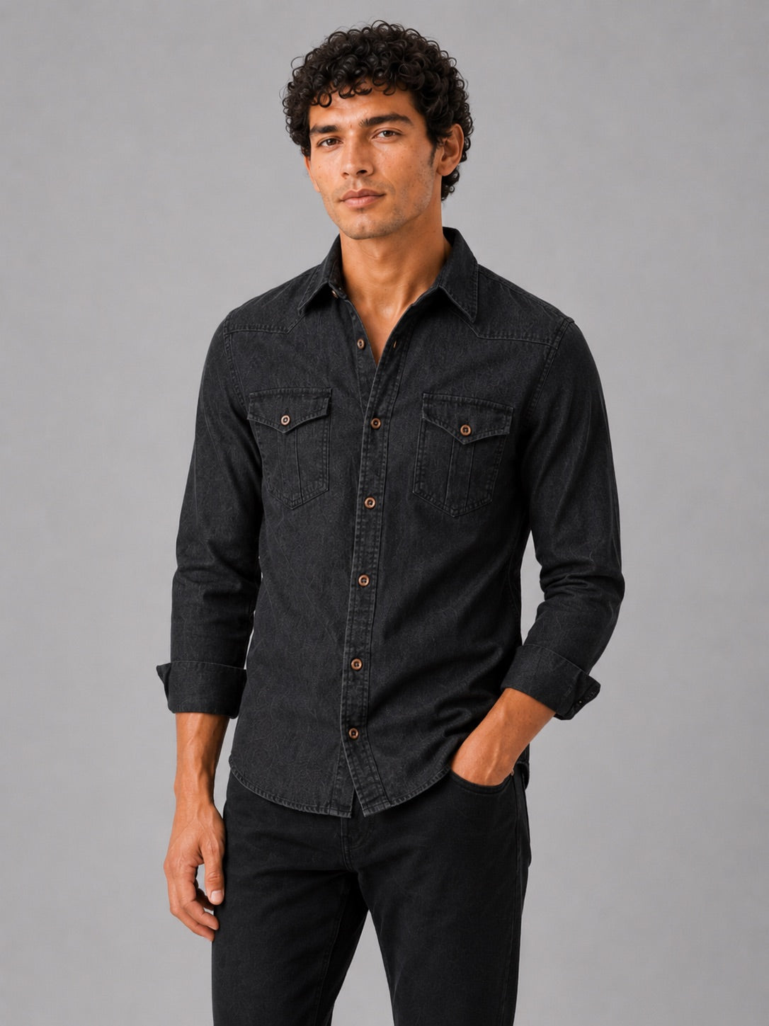 Men’s Denim Shirt Long Sleeve Slim Fit Washed Cotton Button-Up Casual Western Work Shirt