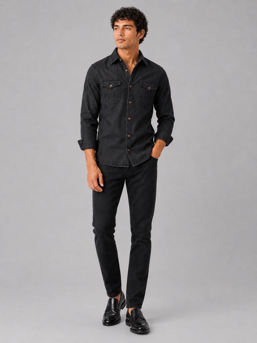 Men’s Denim Shirt Long Sleeve Slim Fit Washed Cotton Button-Up Casual Western Work Shirt