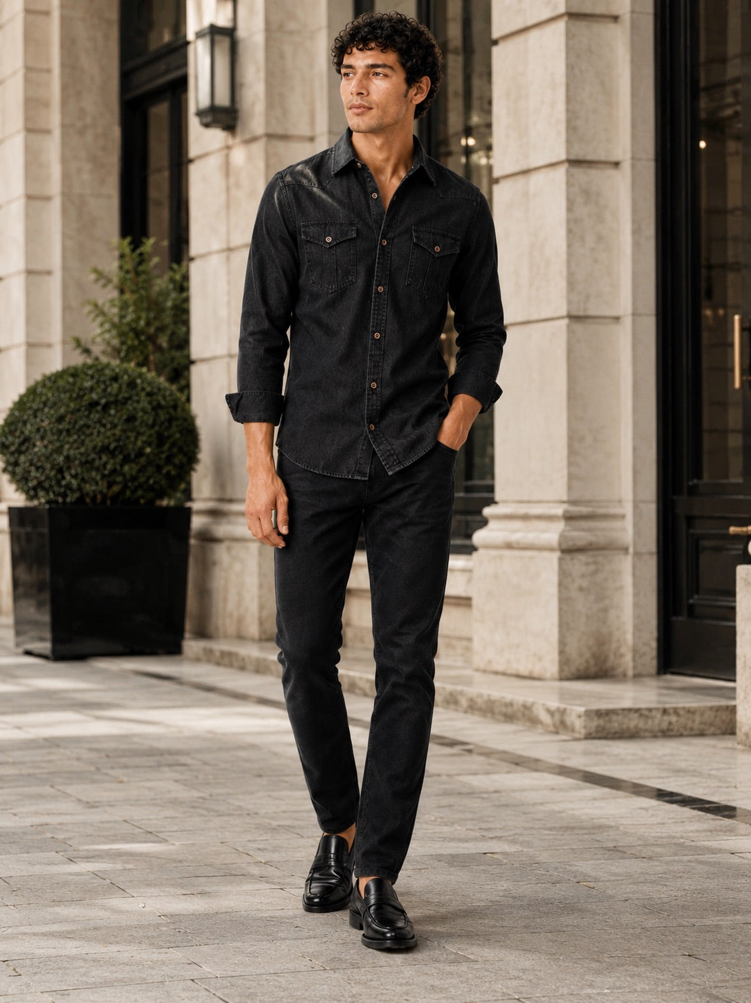 Men’s Denim Shirt Long Sleeve Slim Fit Washed Cotton Button-Up Casual Western Work Shirt