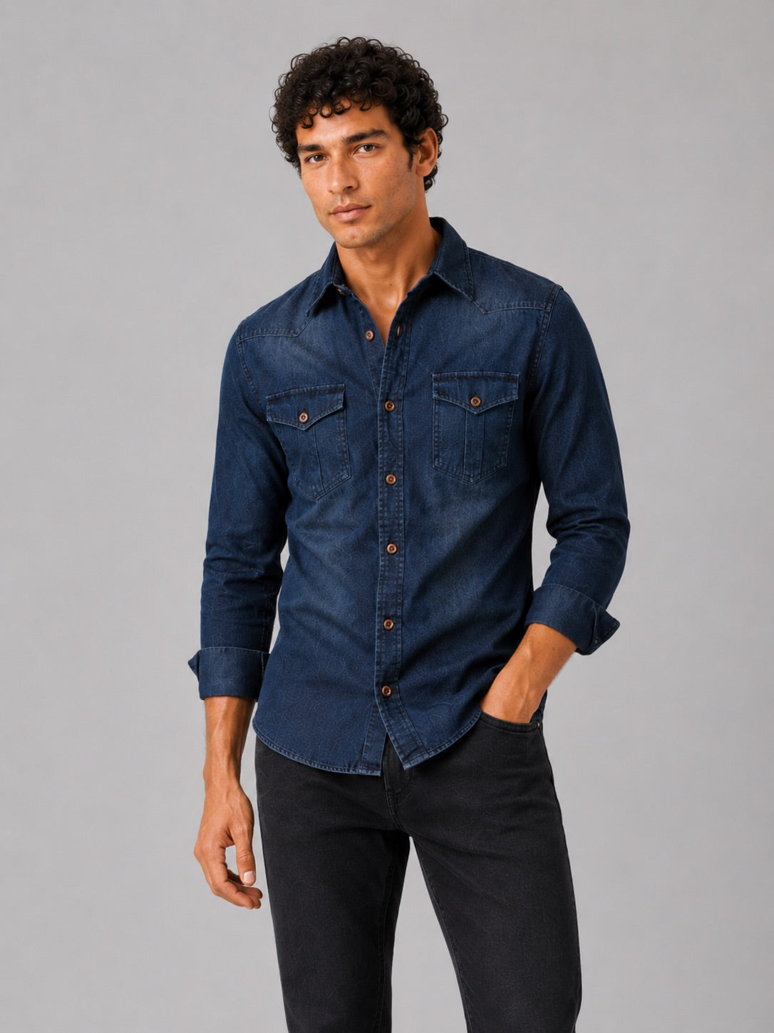 Men’s Denim Shirt Long Sleeve Slim Fit Washed Cotton Button-Up Casual Western Work Shirt