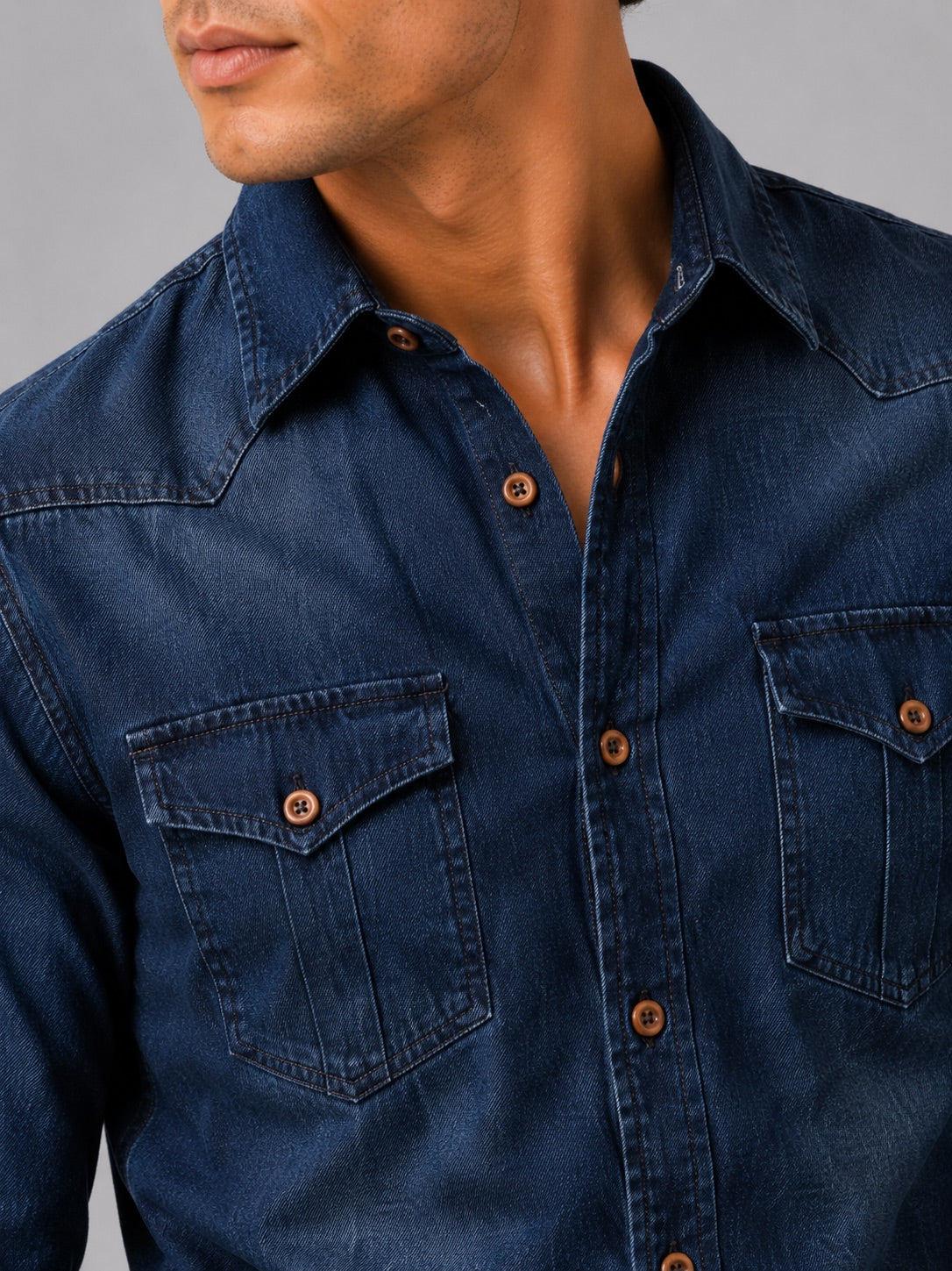 Men’s Denim Shirt Long Sleeve Slim Fit Washed Cotton Button-Up Casual Western Work Shirt