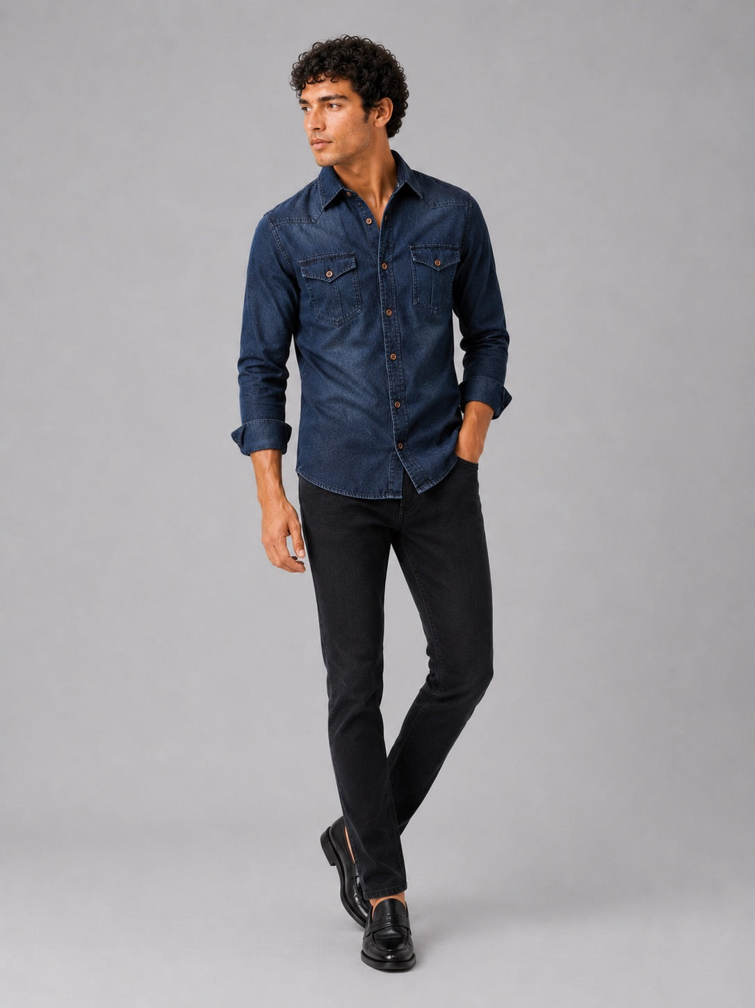 Men’s Denim Shirt Long Sleeve Slim Fit Washed Cotton Button-Up Casual Western Work Shirt
