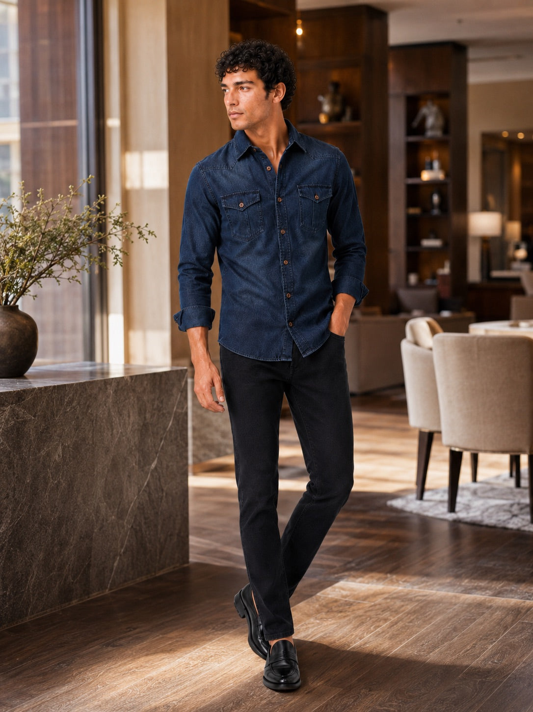 Men’s Denim Shirt Long Sleeve Slim Fit Washed Cotton Button-Up Casual Western Work Shirt