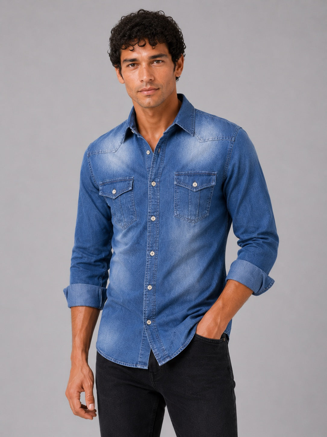 Men’s Denim Shirt Long Sleeve Slim Fit Washed Cotton Button-Up Casual Western Work Shirt