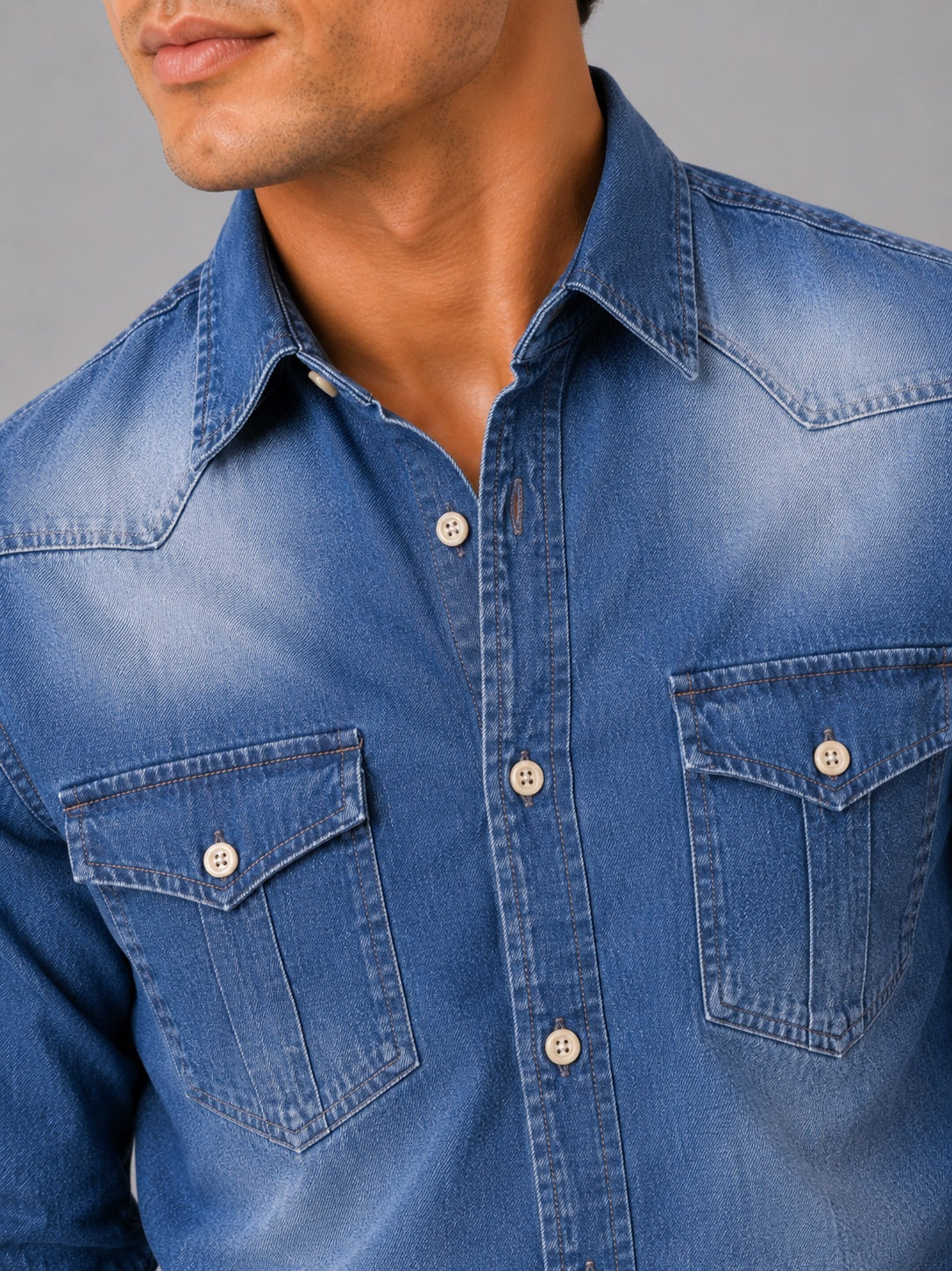 Men’s Denim Shirt Long Sleeve Slim Fit Washed Cotton Button-Up Casual Western Work Shirt