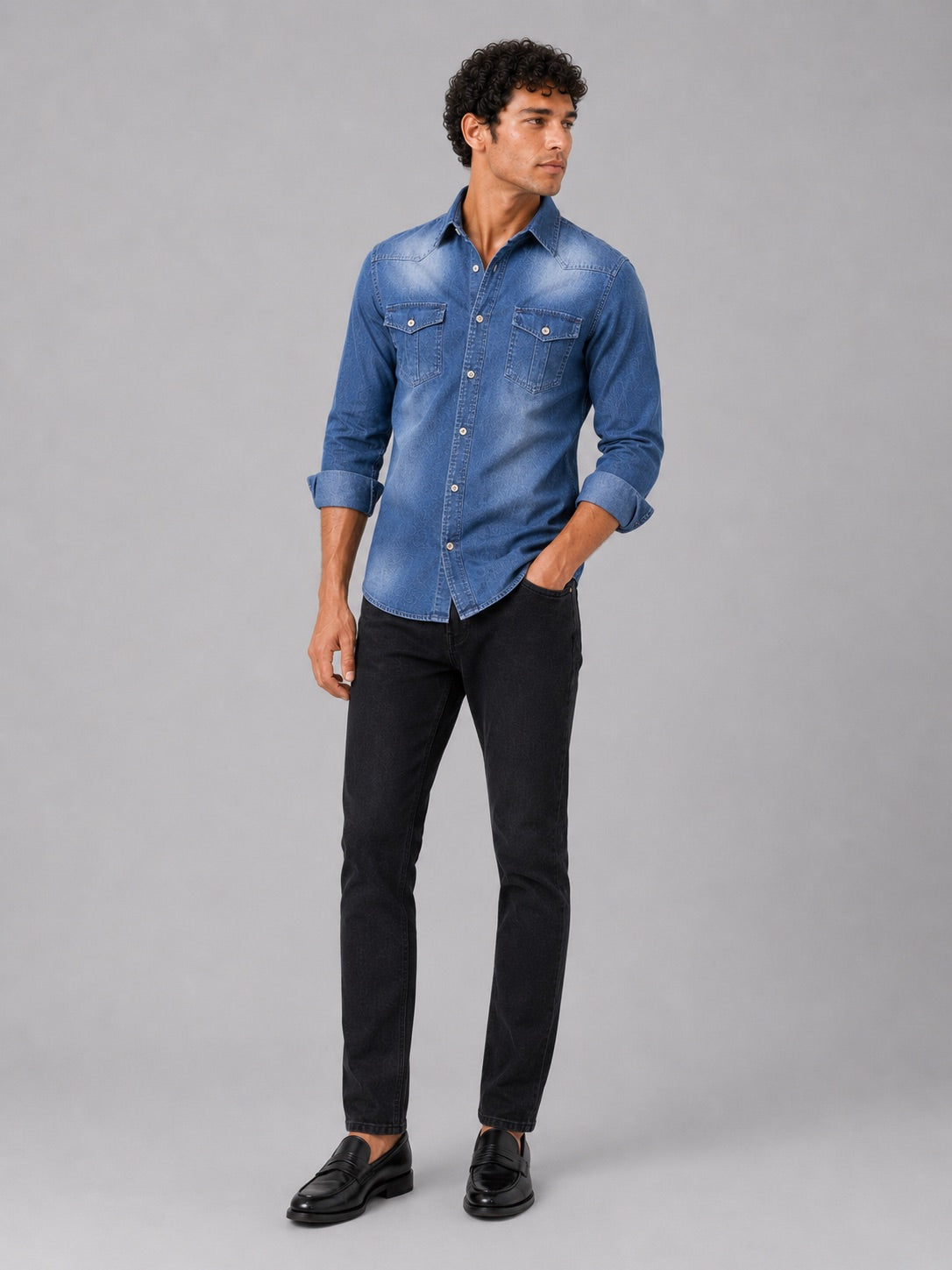 Men’s Denim Shirt Long Sleeve Slim Fit Washed Cotton Button-Up Casual Western Work Shirt