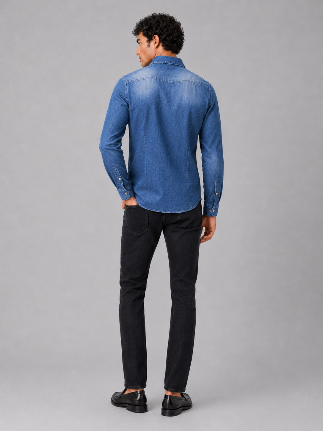 Men’s Denim Shirt Long Sleeve Slim Fit Washed Cotton Button-Up Casual Western Work Shirt