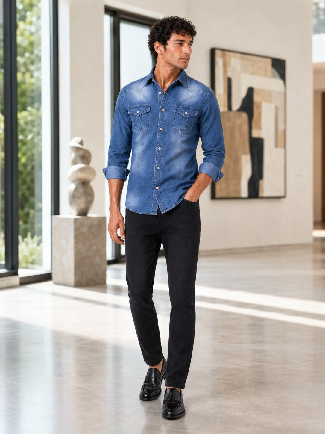 Men’s Denim Shirt Long Sleeve Slim Fit Washed Cotton Button-Up Casual Western Work Shirt