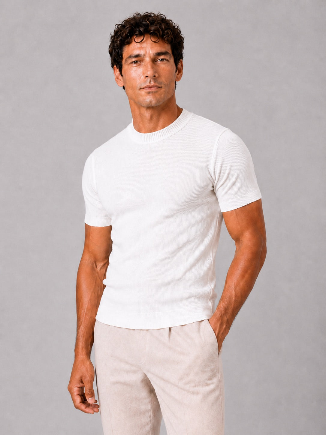 Men’s Ribbed Fit T-Shirt Crew Neck Stretch Short Sleeve Summer Top
