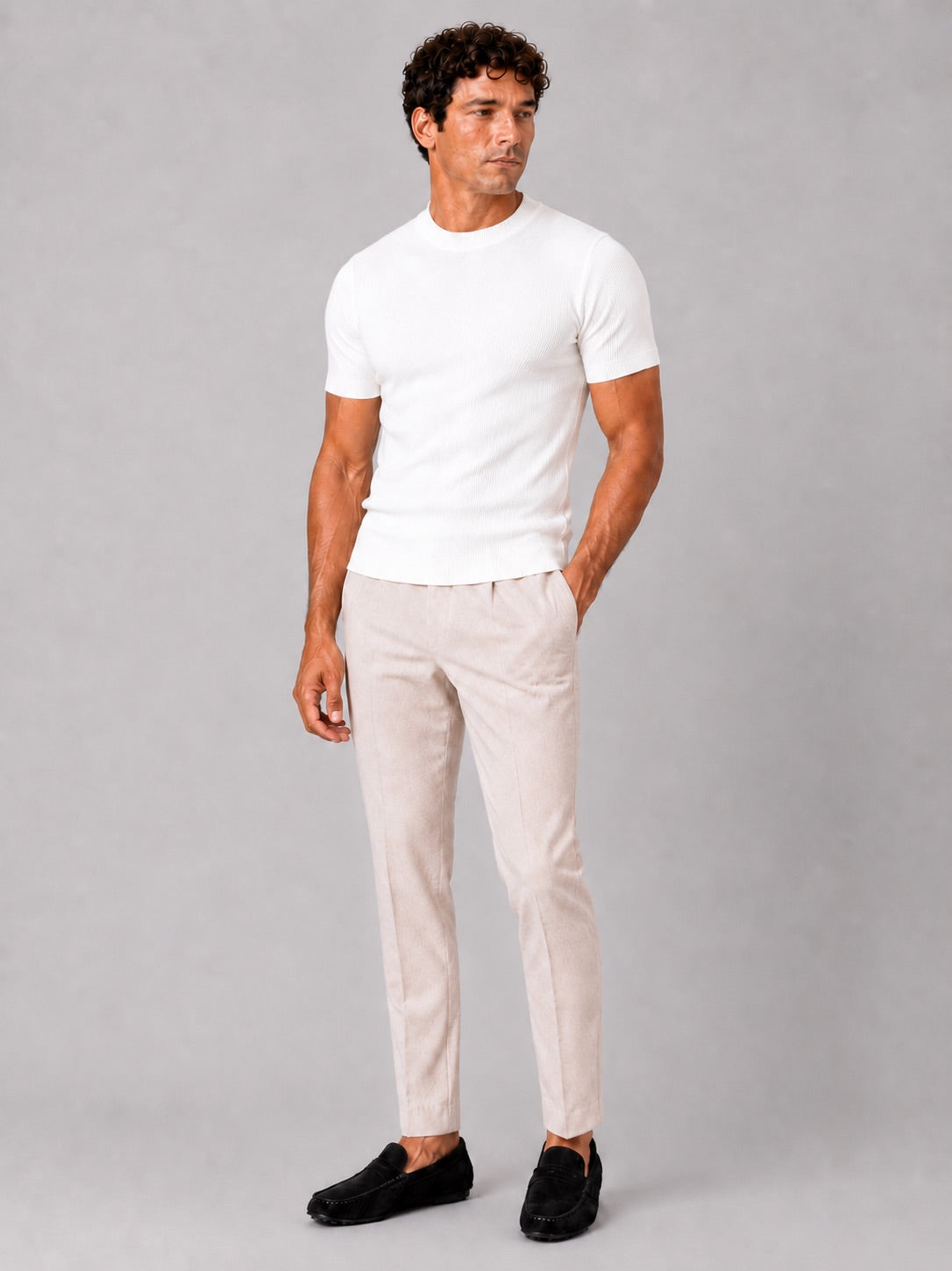 Men’s Ribbed Fit T-Shirt Crew Neck Stretch Short Sleeve Summer Top