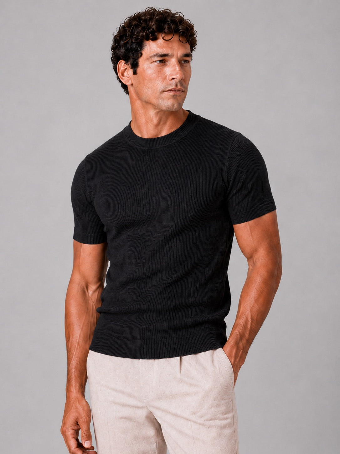 Men’s Ribbed Fit T-Shirt Crew Neck Stretch Short Sleeve Summer Top