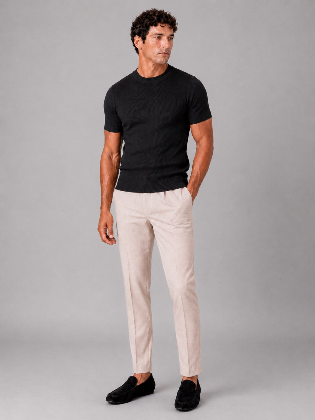 Men’s Ribbed Fit T-Shirt Crew Neck Stretch Short Sleeve Summer Top