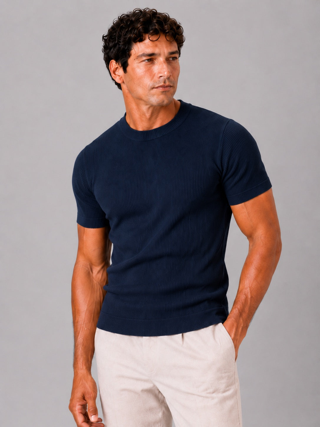 Men’s Ribbed Fit T-Shirt Crew Neck Stretch Short Sleeve Summer Top