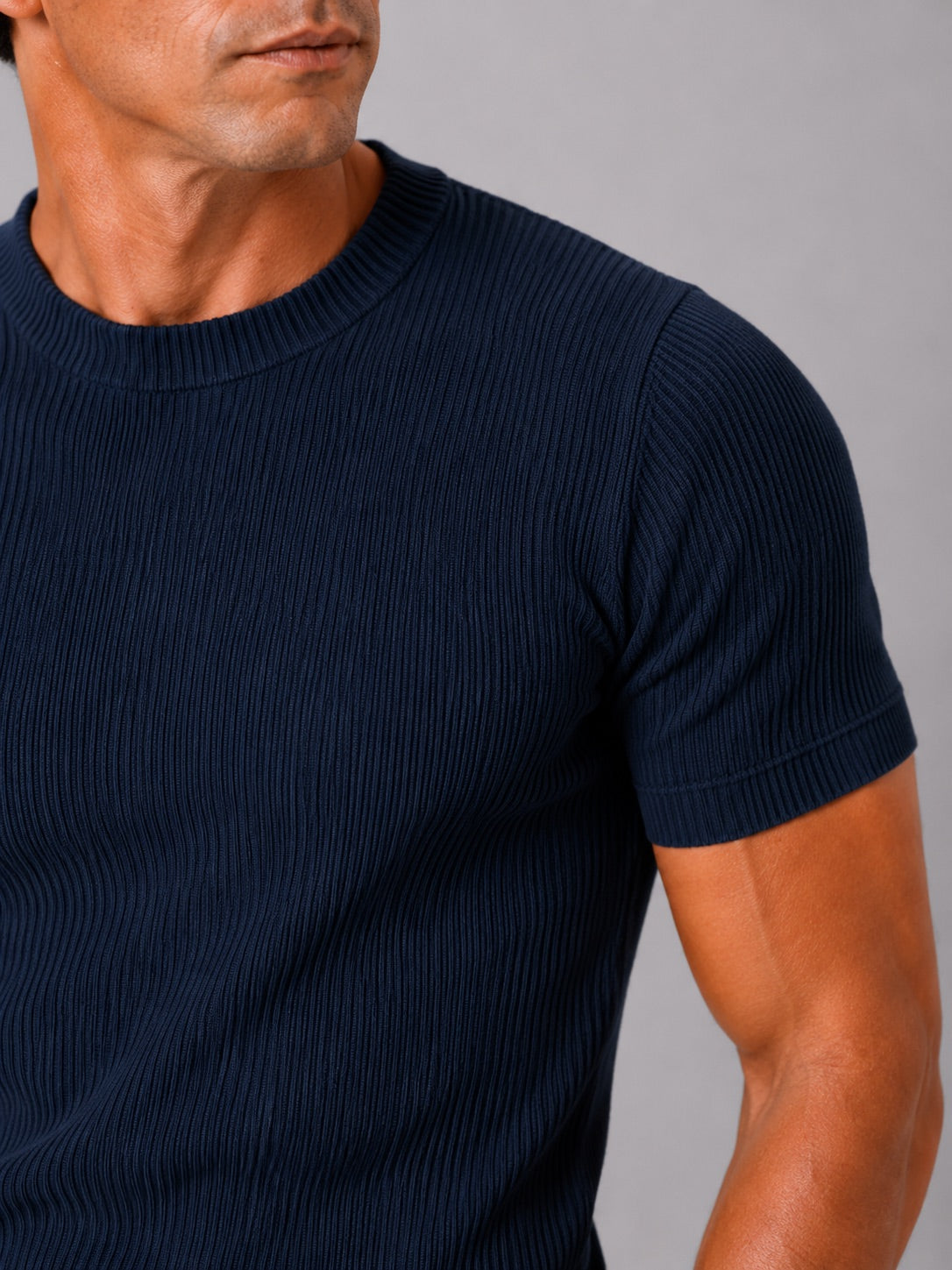 Men’s Ribbed Fit T-Shirt Crew Neck Stretch Short Sleeve Summer Top