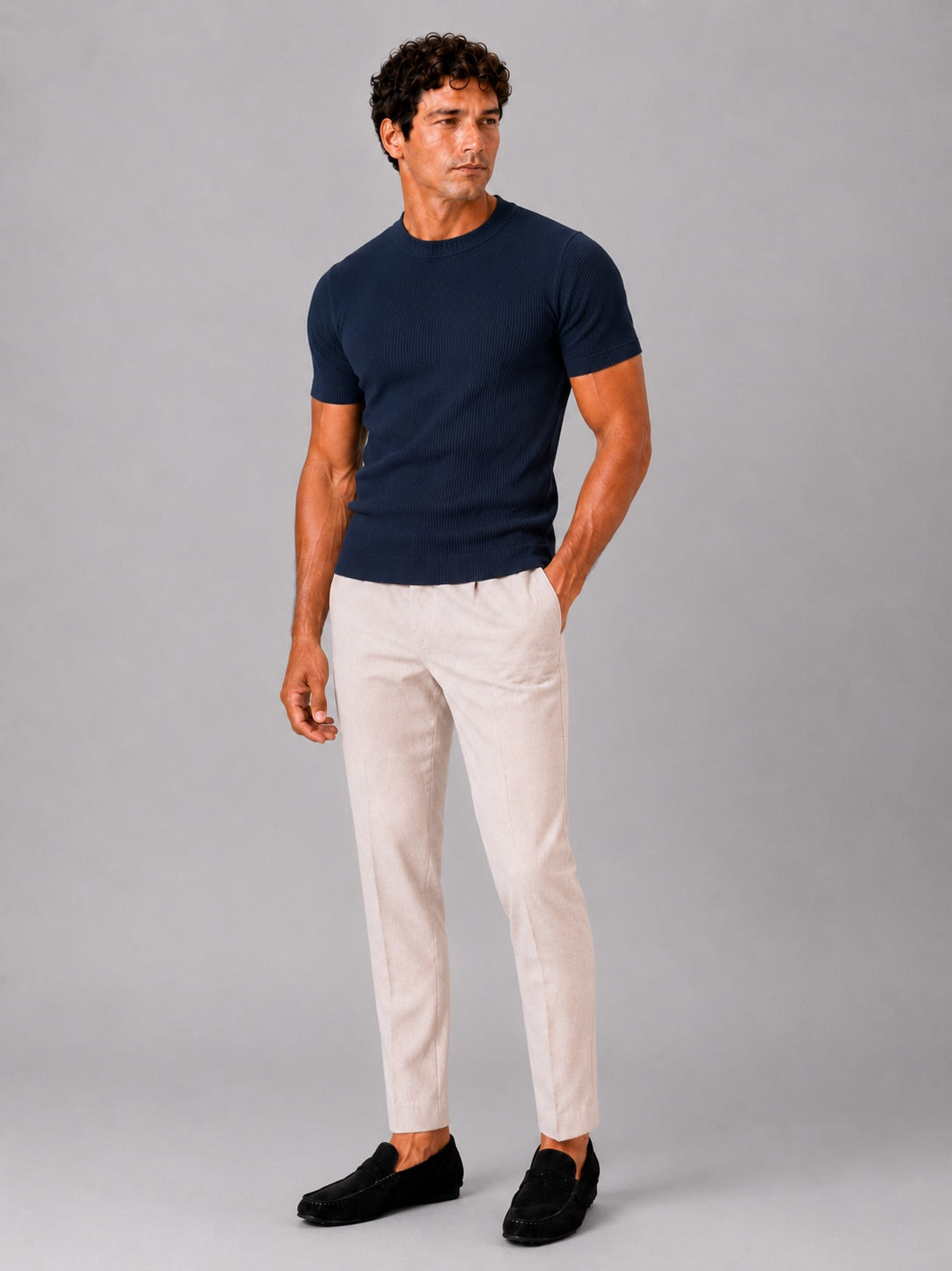 Men’s Ribbed Fit T-Shirt Crew Neck Stretch Short Sleeve Summer Top