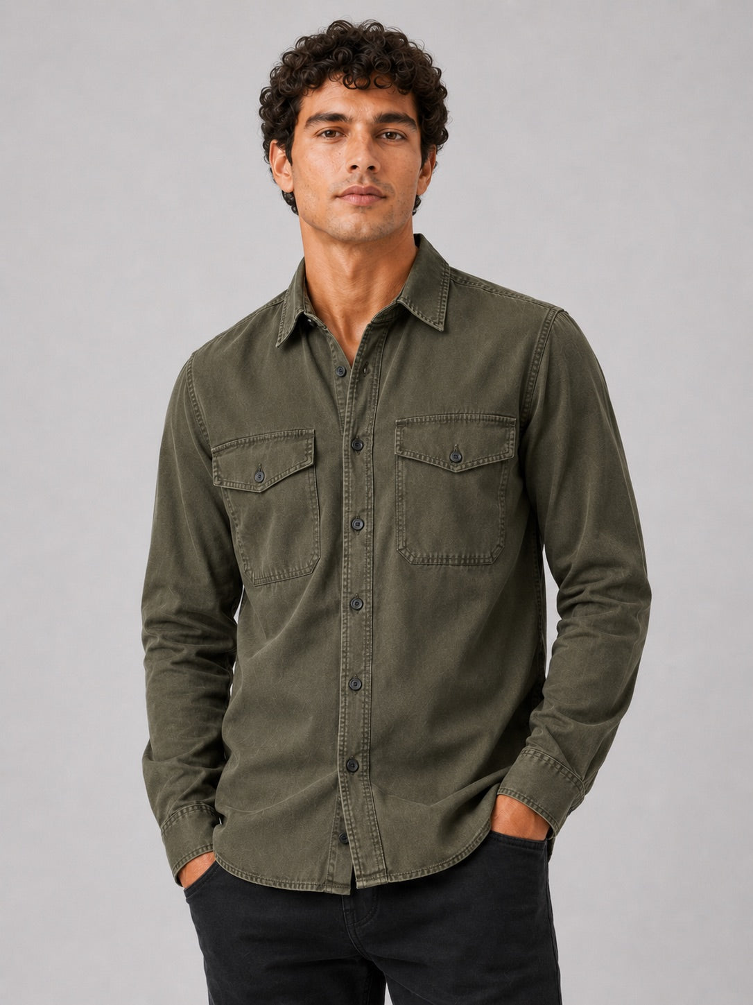 Men’s Long Sleeve Work Shirt Cotton Washed Double Pocket Casual Button-Up
