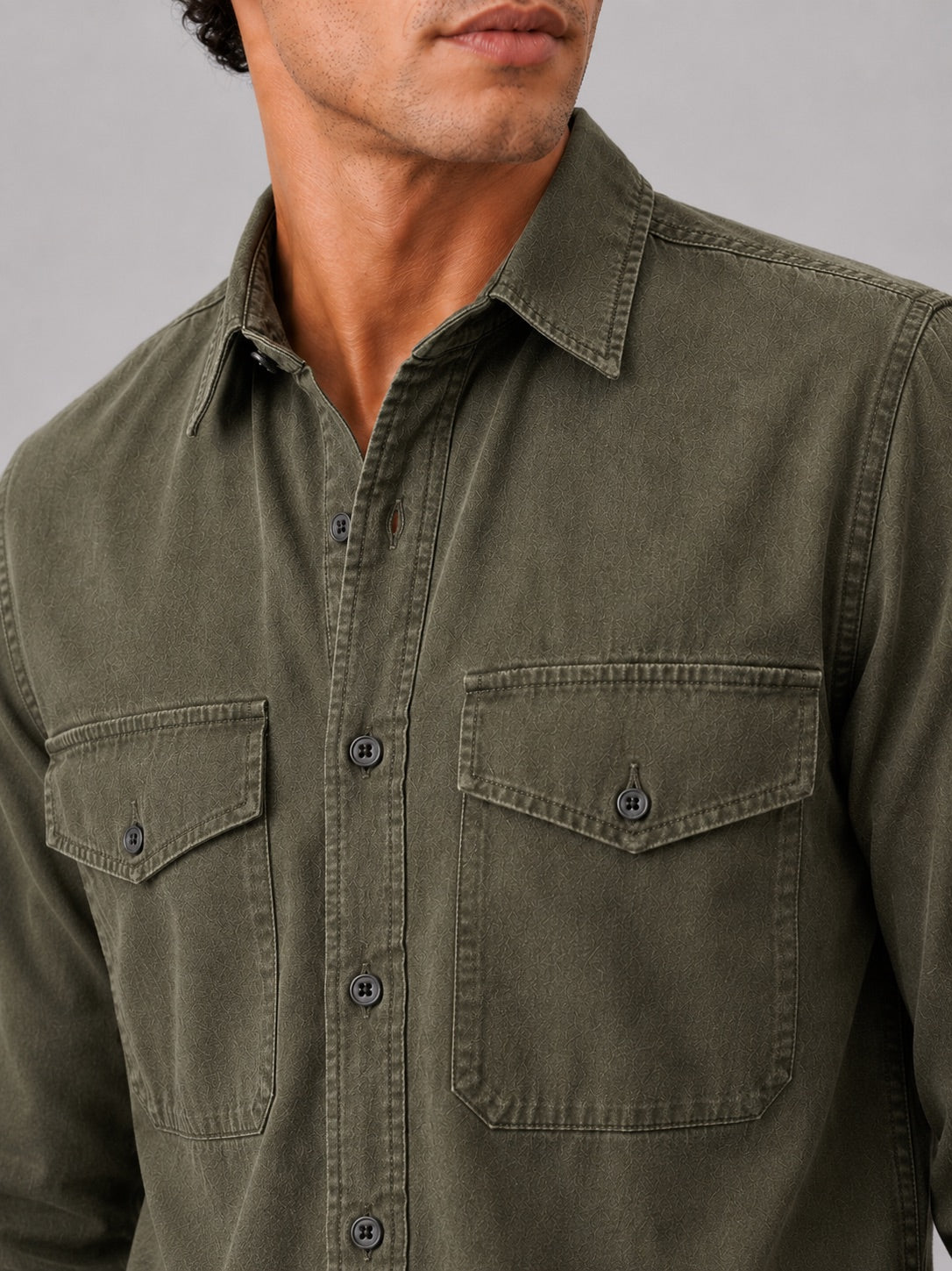 Men’s Long Sleeve Work Shirt Cotton Washed Double Pocket Casual Button-Up