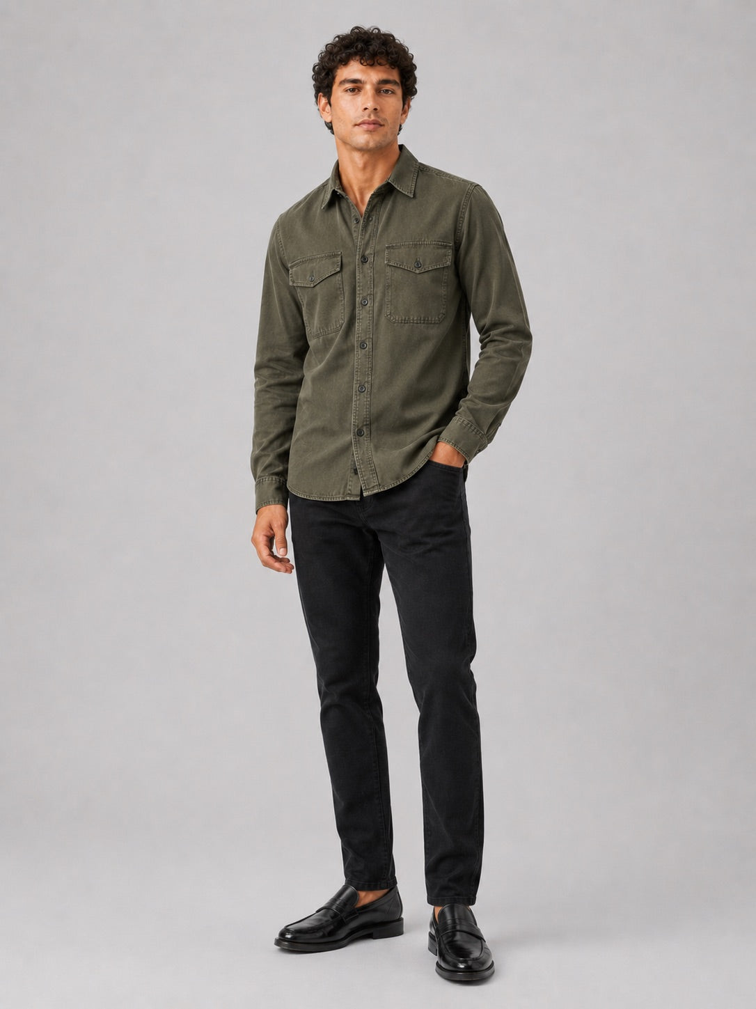 Men’s Long Sleeve Work Shirt Cotton Washed Double Pocket Casual Button-Up