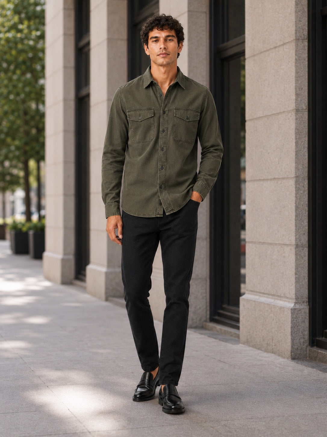 Men’s Long Sleeve Work Shirt Cotton Washed Double Pocket Casual Button-Up