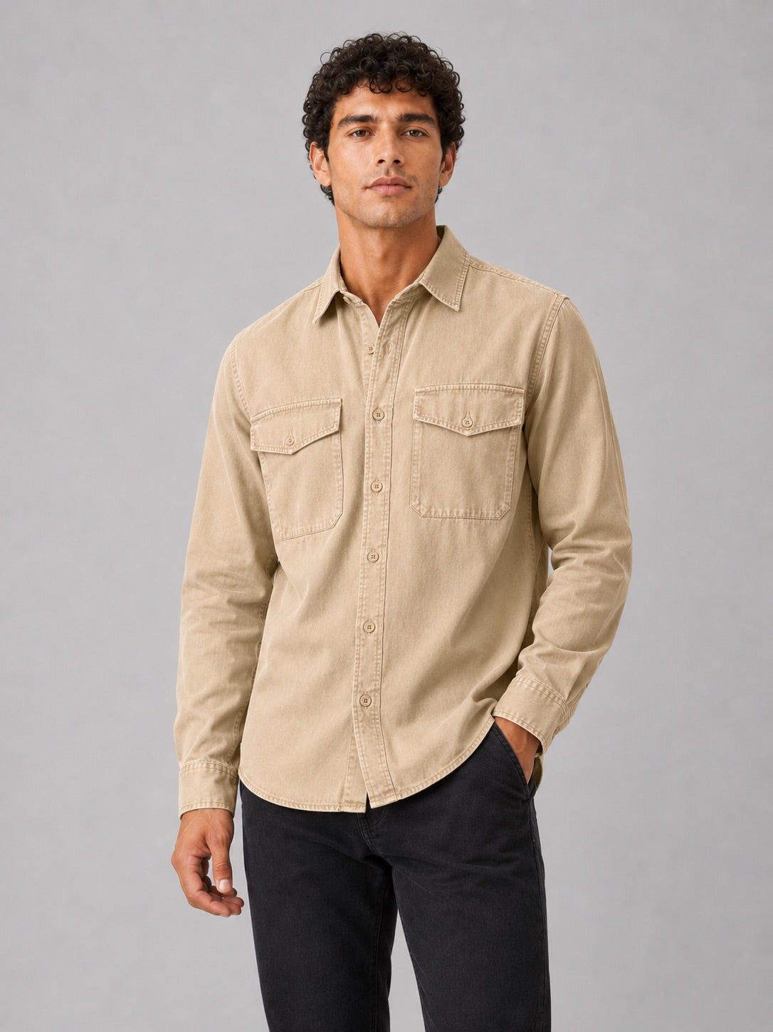 Men’s Long Sleeve Work Shirt Cotton Washed Double Pocket Casual Button-Up