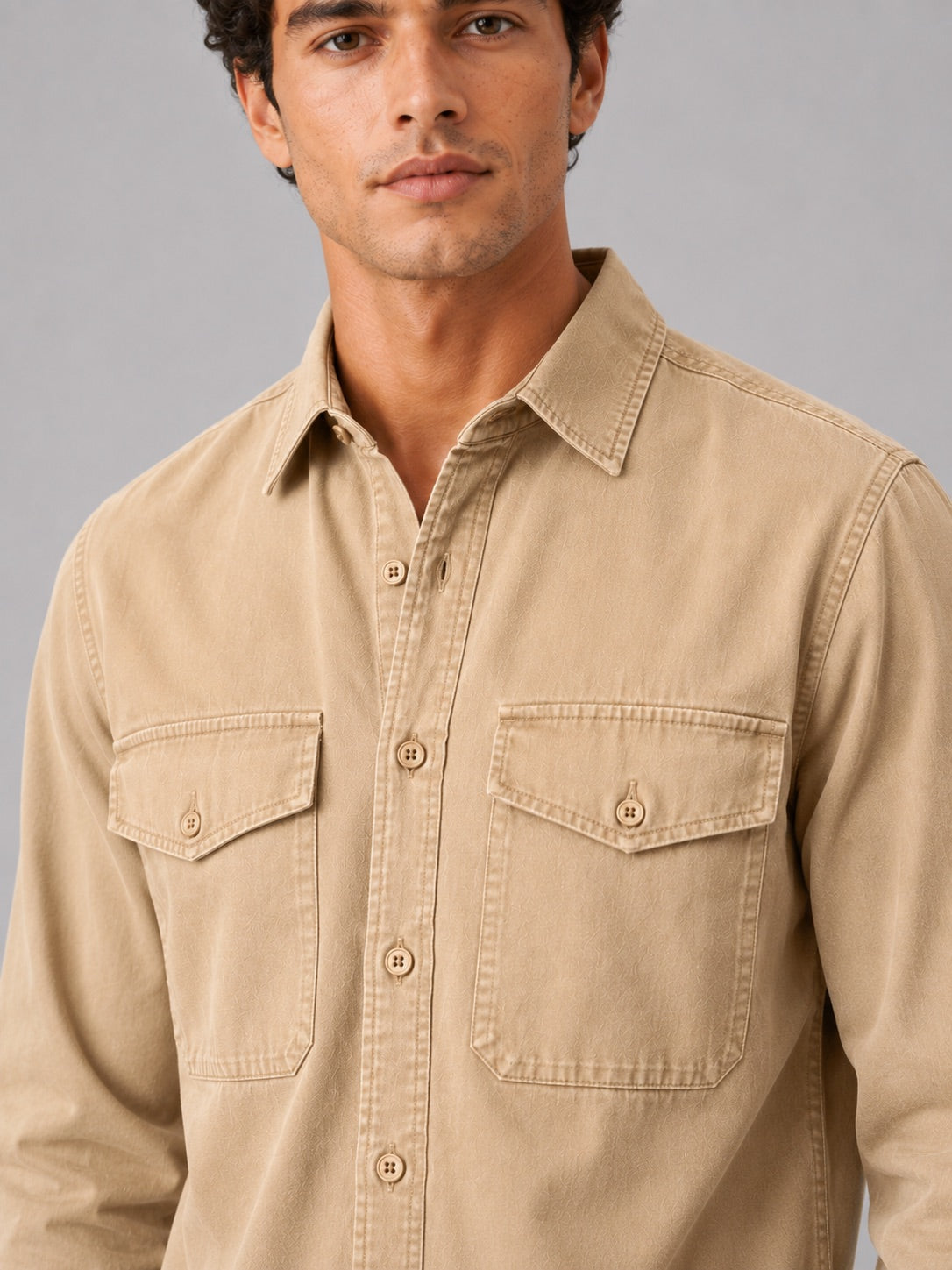 Men’s Long Sleeve Work Shirt Cotton Washed Double Pocket Casual Button-Up