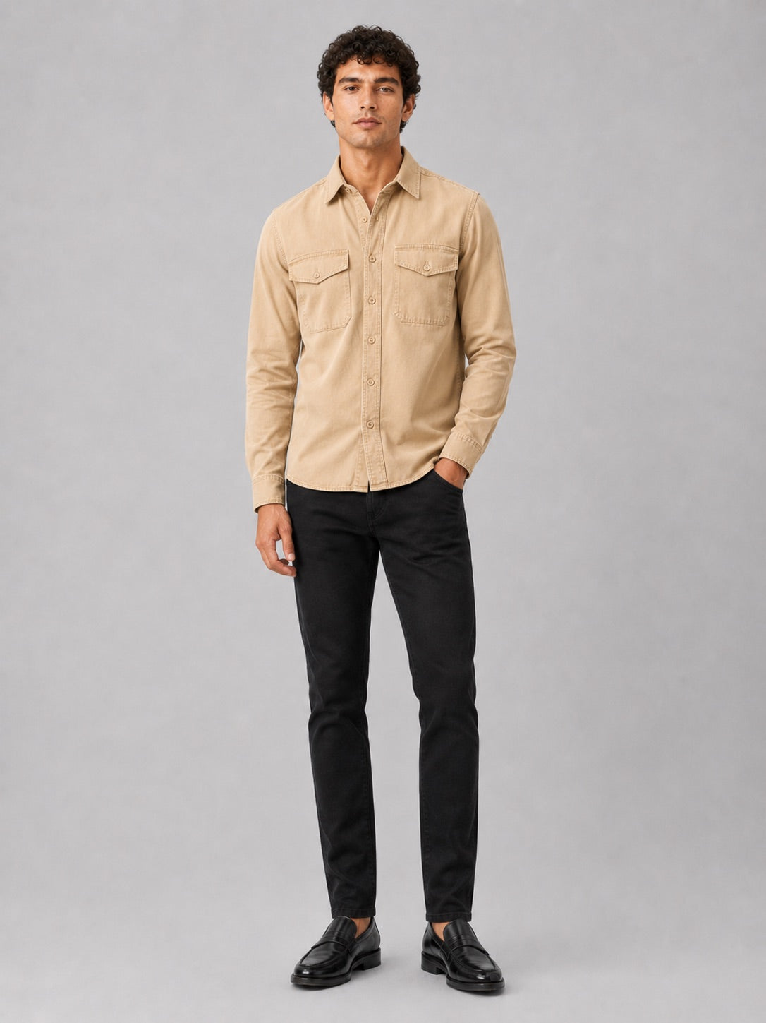 Men’s Long Sleeve Work Shirt Cotton Washed Double Pocket Casual Button-Up
