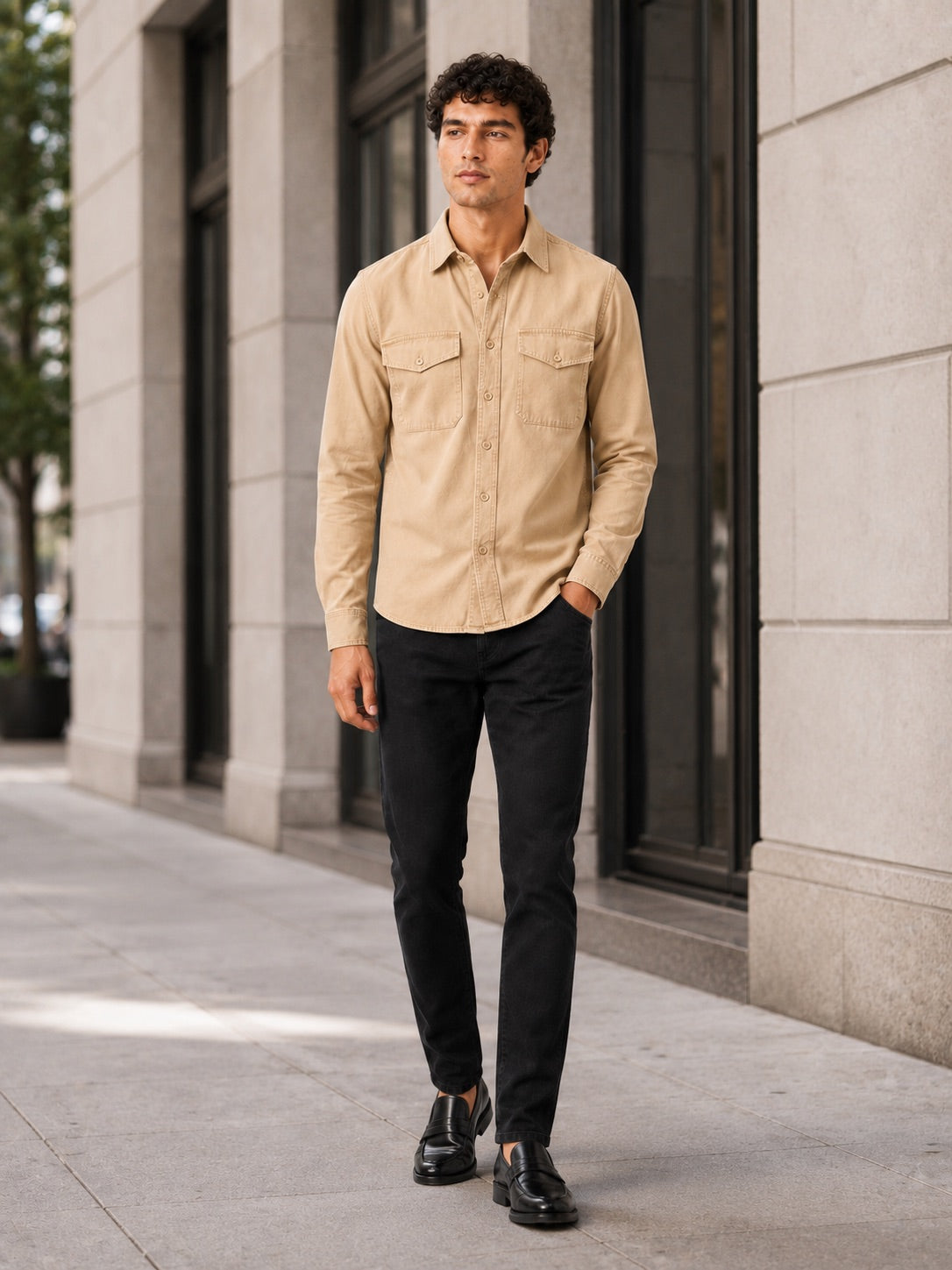 Men’s Long Sleeve Work Shirt Cotton Washed Double Pocket Casual Button-Up
