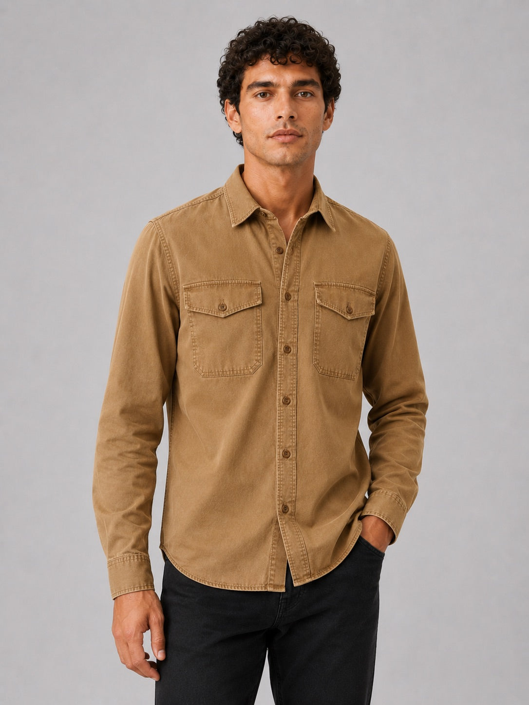 Men’s Long Sleeve Work Shirt Cotton Washed Double Pocket Casual Button-Up
