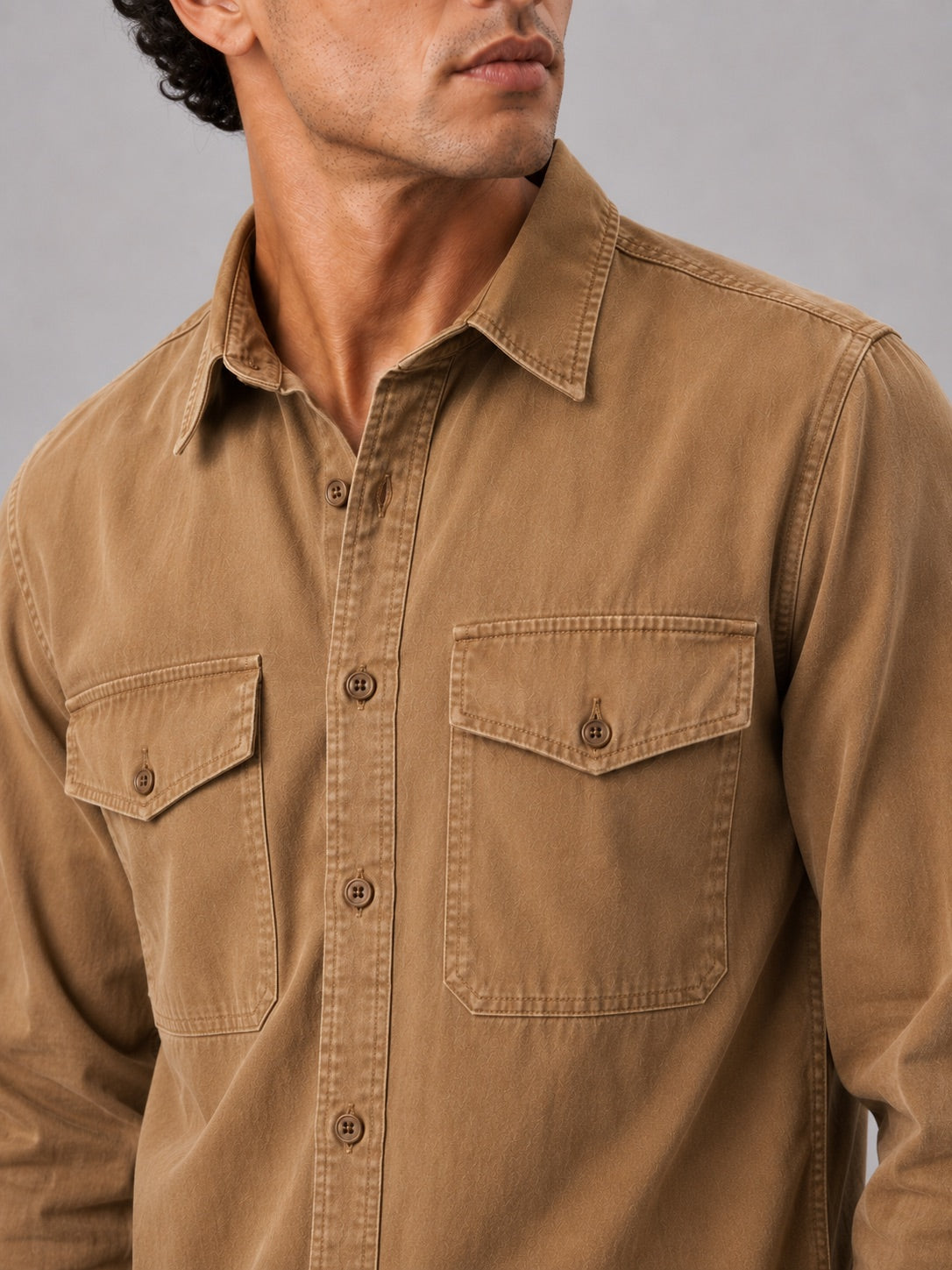 Men’s Long Sleeve Work Shirt Cotton Washed Double Pocket Casual Button-Up
