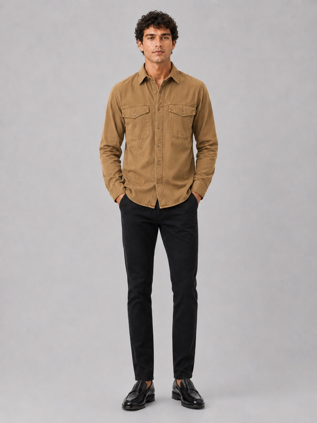 Men’s Long Sleeve Work Shirt Cotton Washed Double Pocket Casual Button-Up