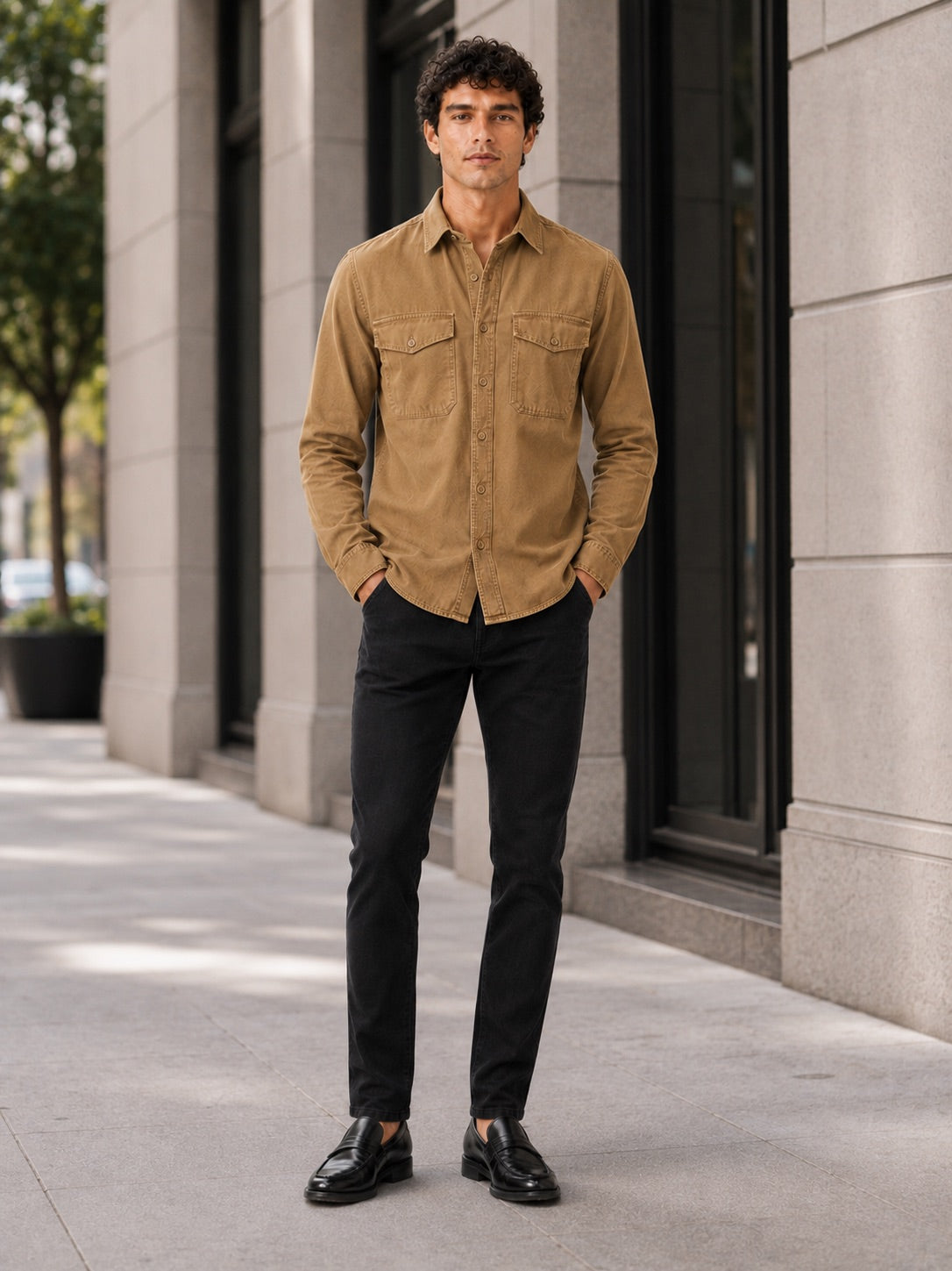 Men’s Long Sleeve Work Shirt Cotton Washed Double Pocket Casual Button-Up