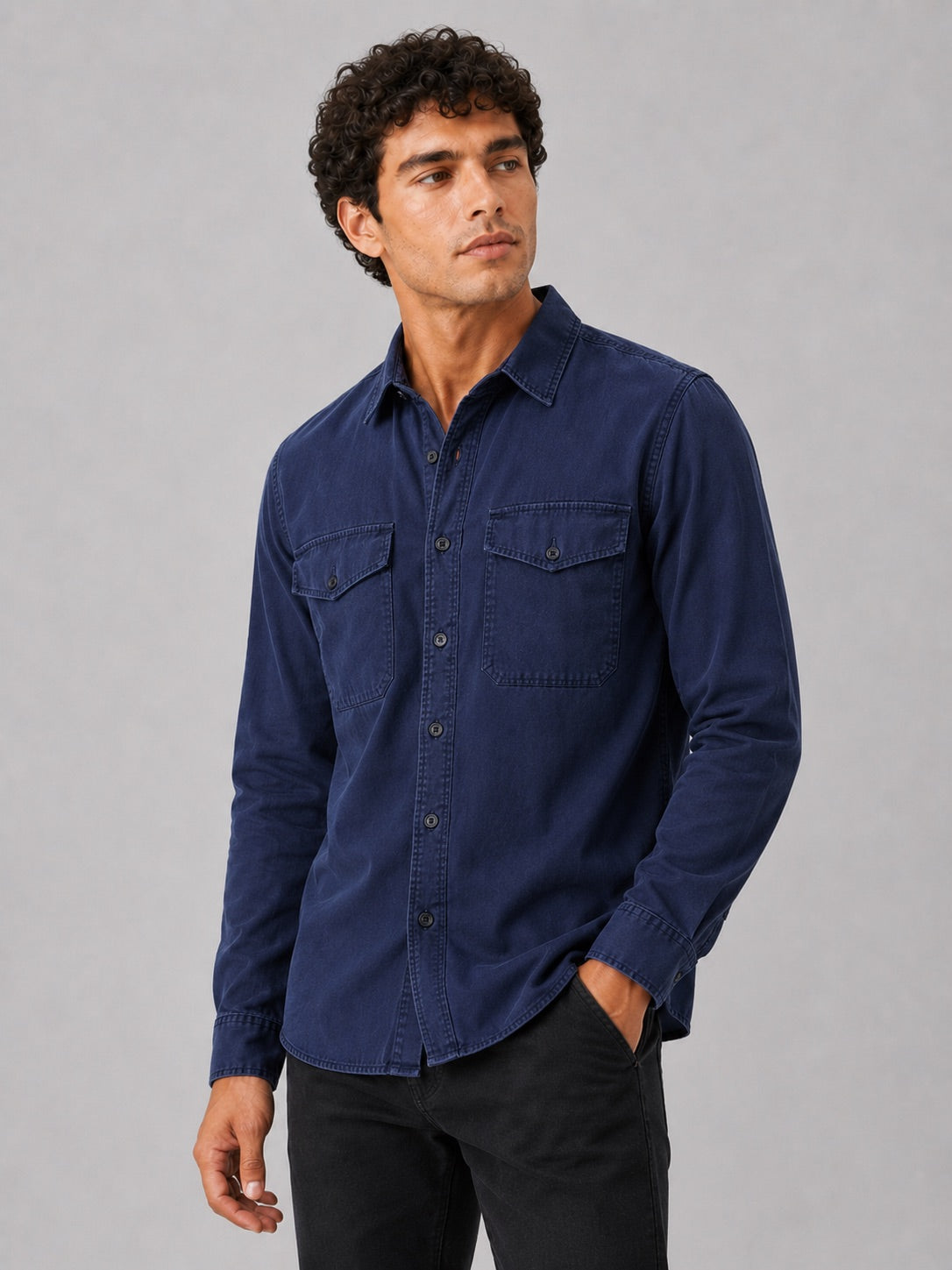 Men’s Long Sleeve Work Shirt Cotton Washed Double Pocket Casual Button-Up