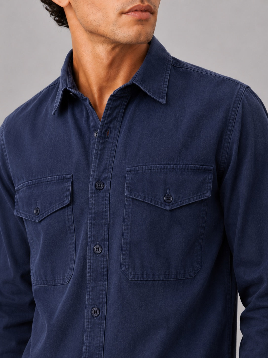Men’s Long Sleeve Work Shirt Cotton Washed Double Pocket Casual Button-Up