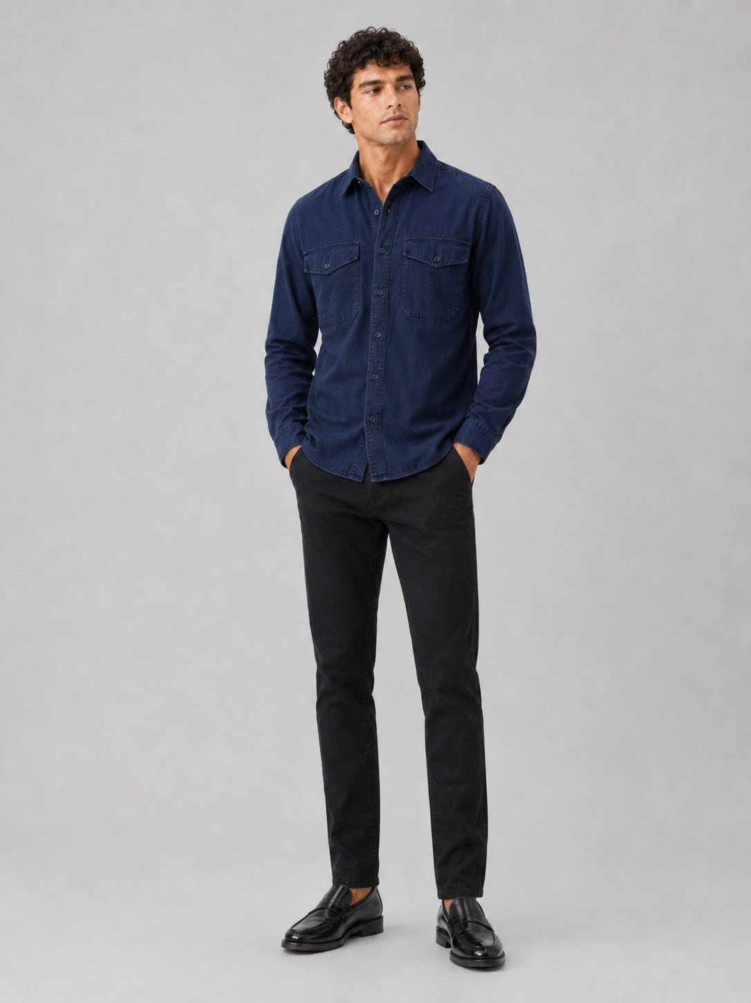 Men’s Long Sleeve Work Shirt Cotton Washed Double Pocket Casual Button-Up