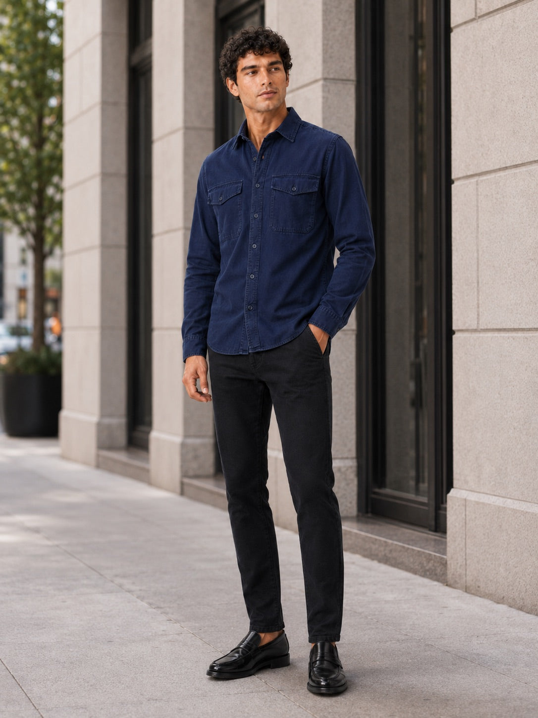 Men’s Long Sleeve Work Shirt Cotton Washed Double Pocket Casual Button-Up