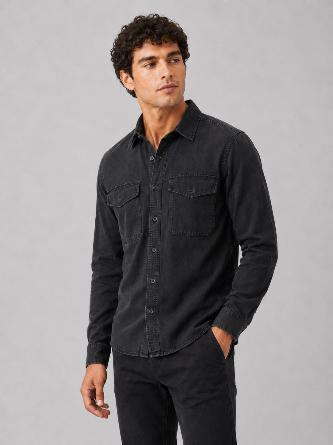 Men’s Long Sleeve Work Shirt Cotton Washed Double Pocket Casual Button-Up