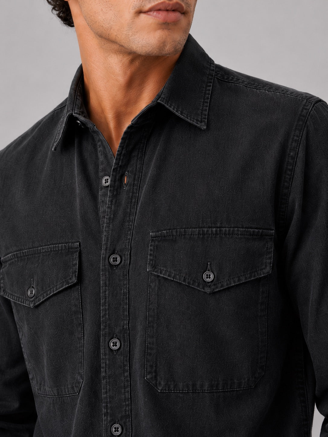 Men’s Long Sleeve Work Shirt Cotton Washed Double Pocket Casual Button-Up