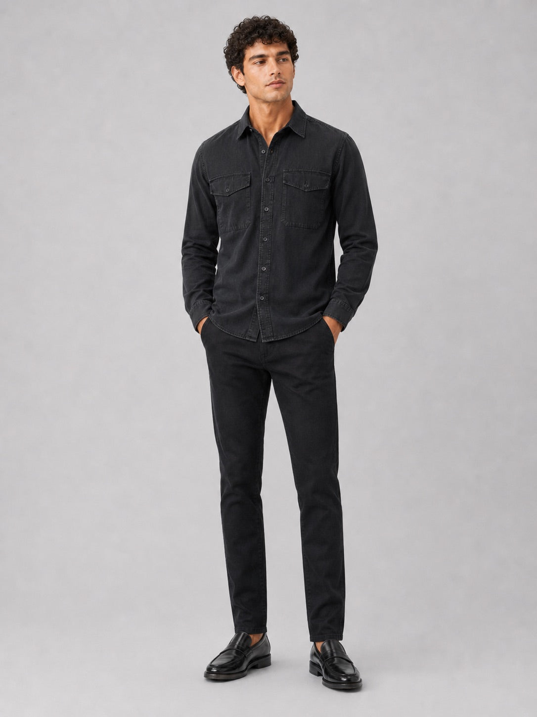Men’s Long Sleeve Work Shirt Cotton Washed Double Pocket Casual Button-Up