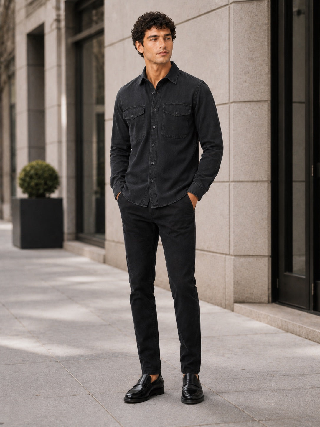 Men’s Long Sleeve Work Shirt Cotton Washed Double Pocket Casual Button-Up