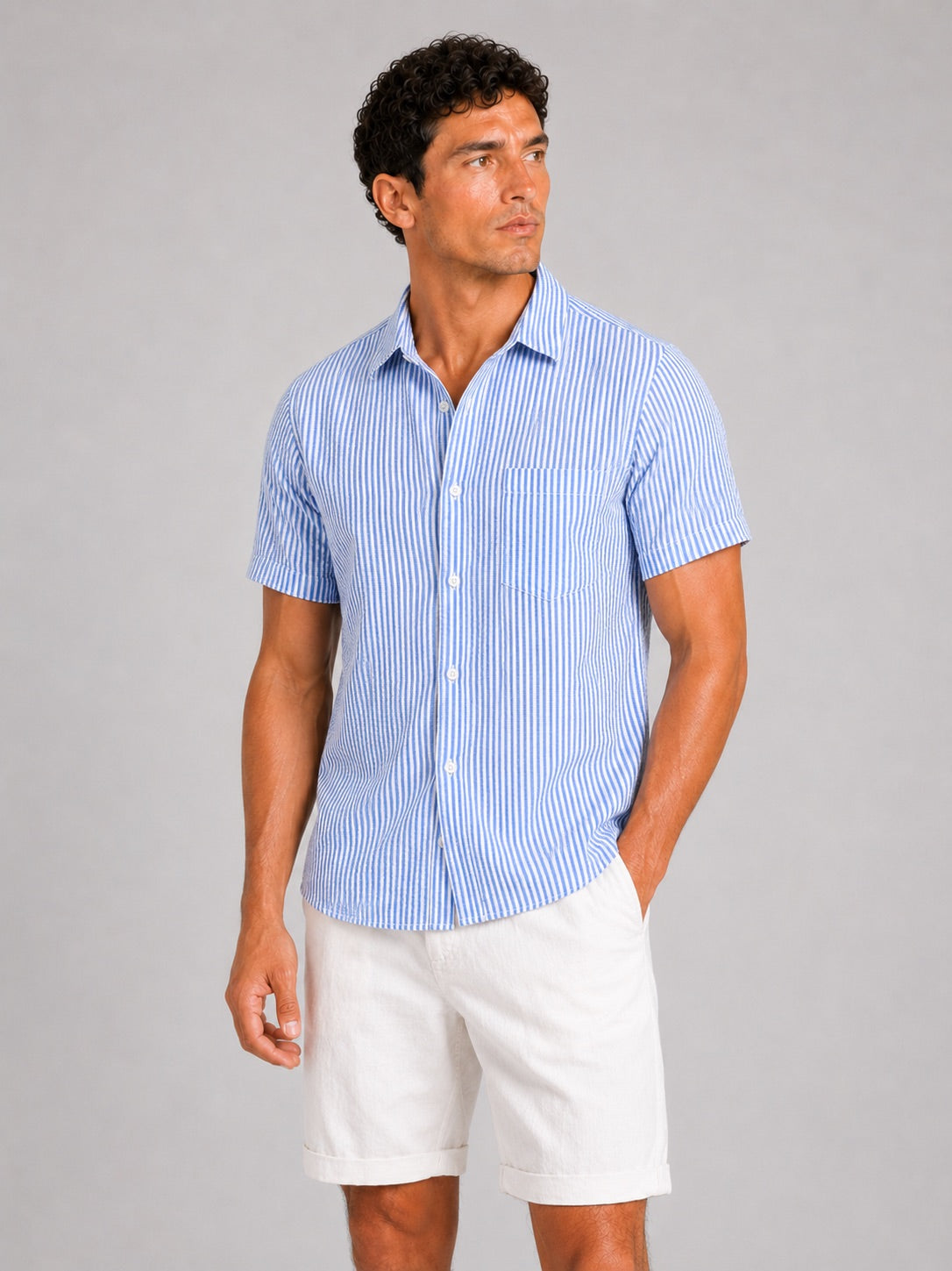 Men’s Seersucker Striped Short Sleeve Shirt Lightweight Breathable Summer Button-Up for Vacation and Casual Wear
