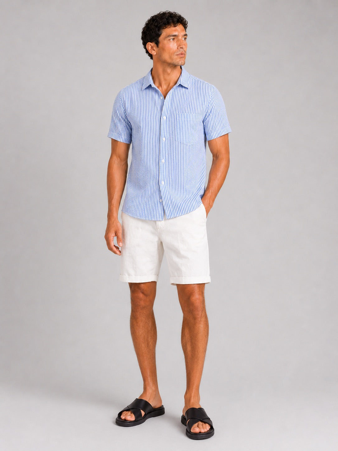 Men’s Seersucker Striped Short Sleeve Shirt Lightweight Breathable Summer Button-Up for Vacation and Casual Wear