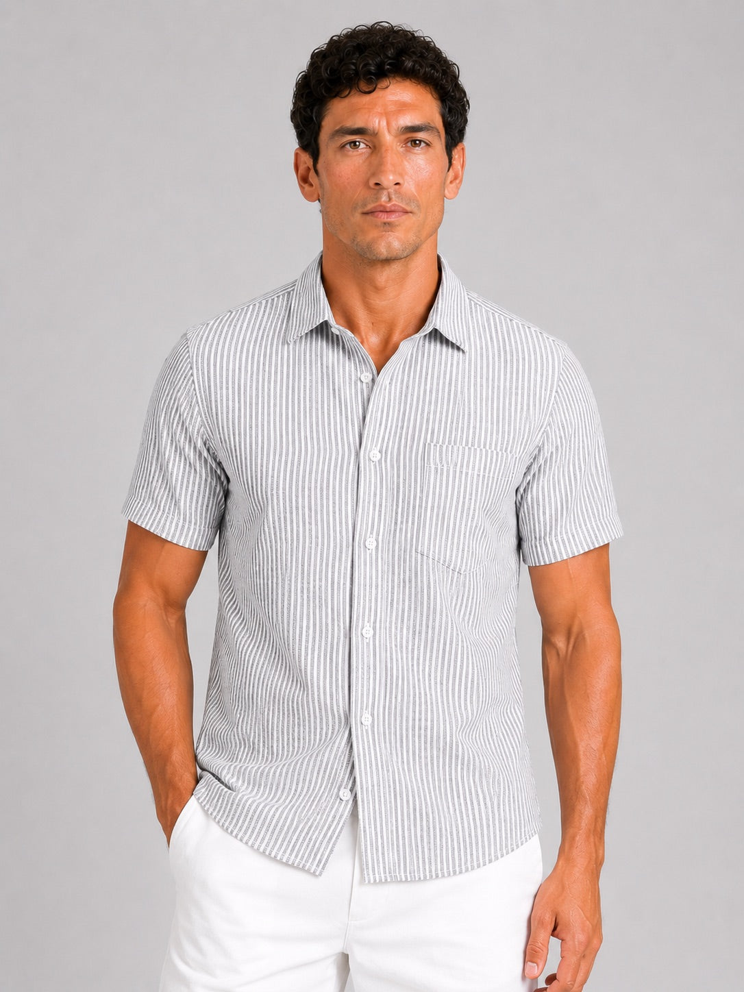 Men’s Seersucker Striped Short Sleeve Shirt Lightweight Breathable Summer Button-Up for Vacation and Casual Wear