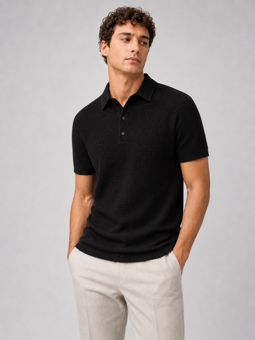Men’s Textured Knit Polo Shirt Short Sleeve Button Placket Lightweight Summer Top for Business Casual and Smart Casual Wear