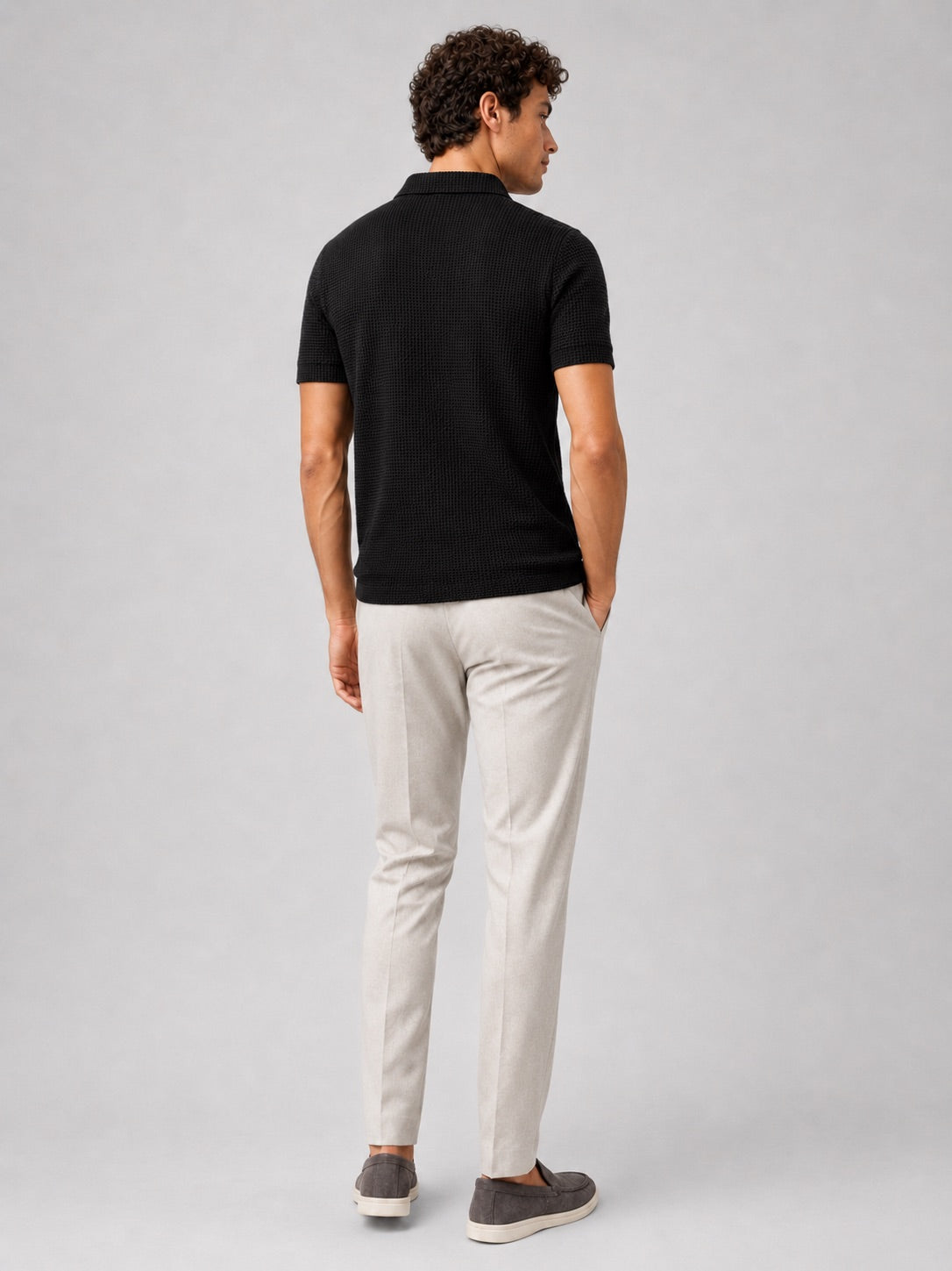 Men’s Textured Knit Polo Shirt Short Sleeve Button Placket Lightweight Summer Top for Business Casual and Smart Casual Wear