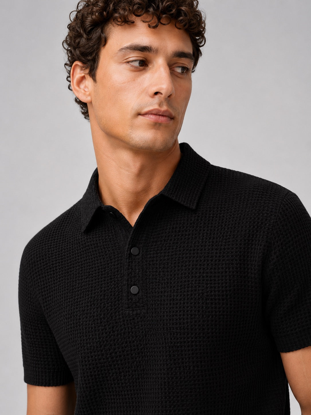 Men’s Textured Knit Polo Shirt Short Sleeve Button Placket Lightweight Summer Top for Business Casual and Smart Casual Wear